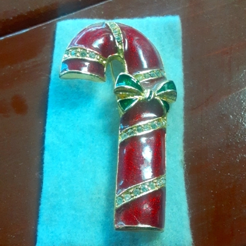 Elegant Red and Gold Tone Candy Cane Brooch